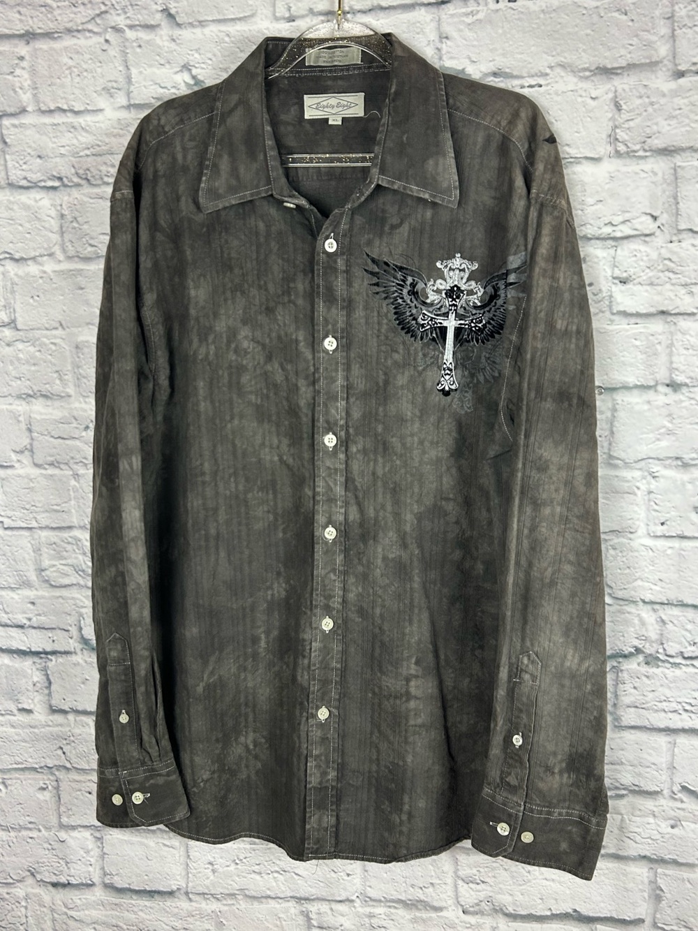 Eighty Eight XL Gray Acid Wash Cross Wings Button Front Shirt Gothic Y2K - Picture 2 of 8